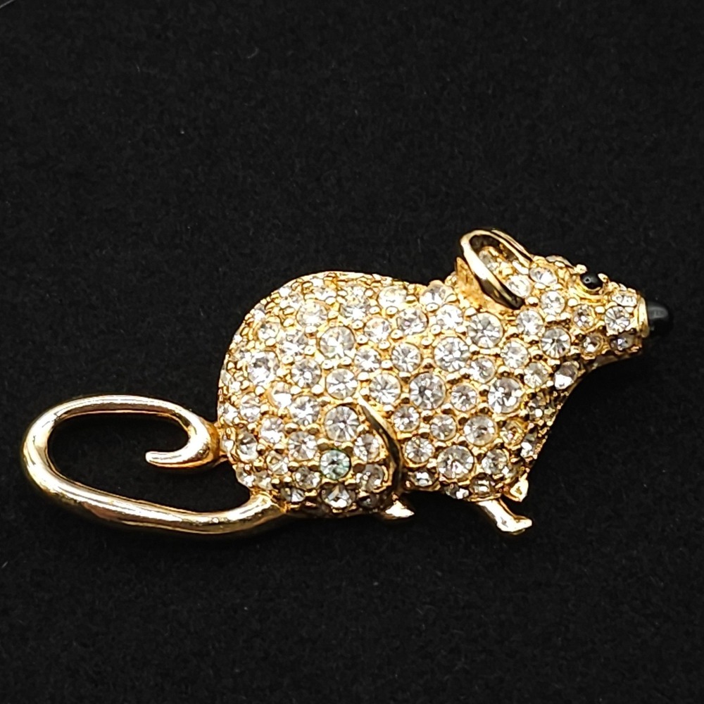 Swarovski Mouse Crystal Rhinestone Brooch Gold Tone Clear Pave Figural 2" Pin